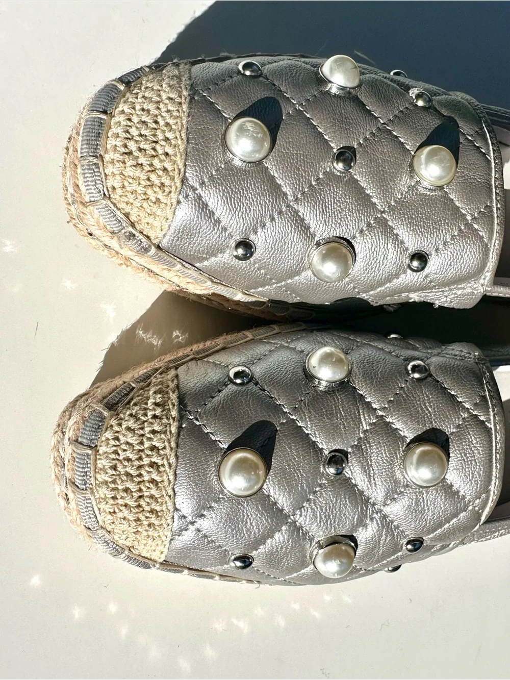 Karl Lagerfeld Desta Quilted Pearl-Accent Silver Espadrille Slip-On, 37, 6.5